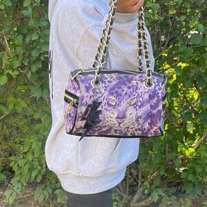 Y2K Betsey Johnson Cheetah Barrel Bag Purple Animal Print Chain Handle Rare